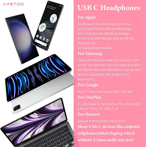 HiFi Stereo USB C Headphones for iPad Pro, iPhone 15/15 Pro Max, Samsung S24/S23 Ultra, OnePlus, Huawei - Pink