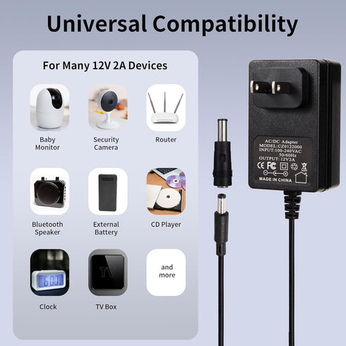 12V 2A Power Adapter Charger AC, 12V Regulated Power Supply with 10 Interchangeable DC Plugs for Electronics