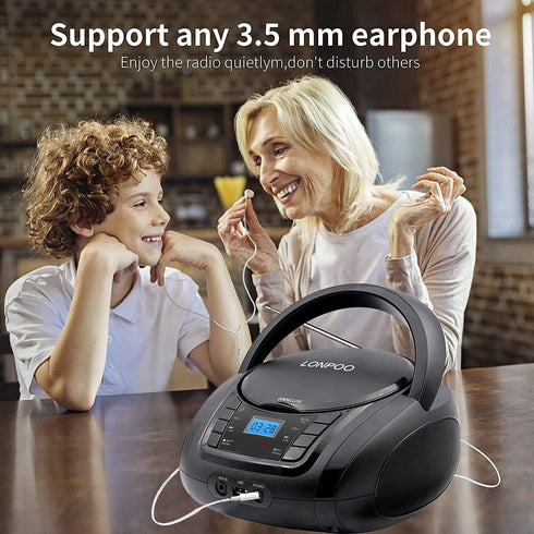LONPOO Portable Boombox CD Player with FM Radio, USB, Bluetooth, AUX Input, Stereo Sound Speaker, Black