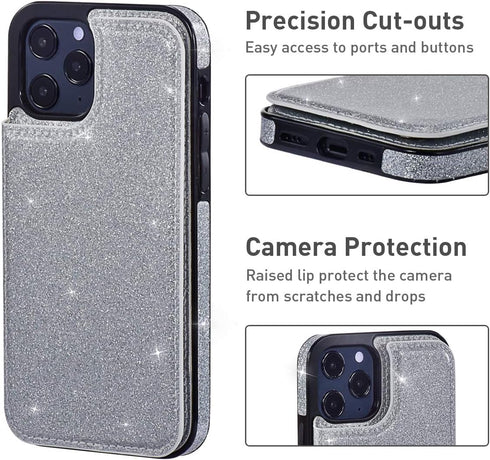 UEEBAI Case for iPhone 12 Pro Max 6.7 inch, Premium Glitter PU Leather Wallet Cover with Card Slots and Stand Function