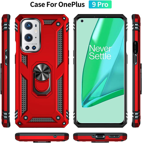 Military Grade Shockproof Case for Oneplus 9 Pro, 360 Metal Rotating Ring Kickstand Holder, Heavy Duty Red