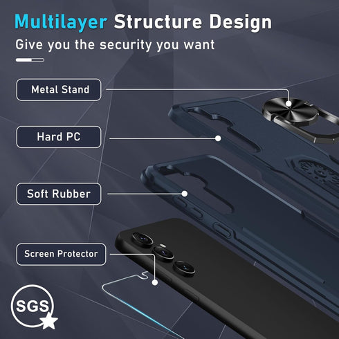 Janmitta Heavy Duty Case for Samsung Galaxy A35 5G, 2024 Navy Blue, with Tempered Glass Protector & Rotatable Kickstand.