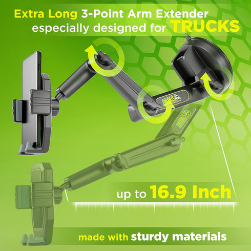Heavy Duty Truck Phone Holder Mount, 16.9 inch Long Arm, Super Suction Cup for iPhone & Samsung, Gray Pickup Truck