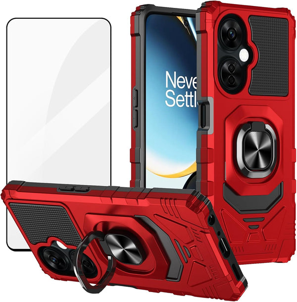 Ailiber OnePlus Nord N30 Case - Military Grade Shockproof Cover with Tempered Glass, Ring Kickstand, Red.