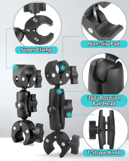 Super Clamp Double Camera Clamp, 7.28"/18.5cm & 8.86"/22.5cm Double Super Clamp Magic Arm, Motorcycle Bike Handlebar