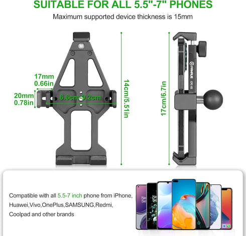 FANAUE Aluminum Phone Holder with 1" Ball Head Adapter, Compatible with RAM Mounts B Size Double Socket Arm & Bike Mount