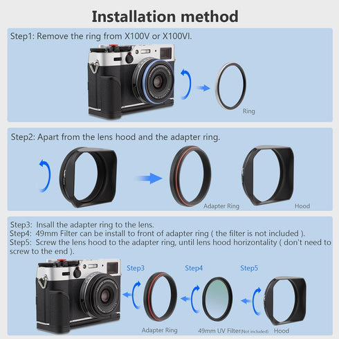 Haoge Metal Square Lens Hood for Fujifilm X100VI X100V X100F with 49mm UV Filter Adapter Ring & Metal Cap Kit, Black