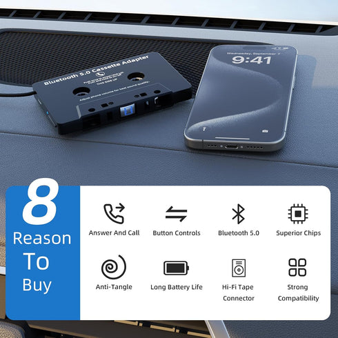 Mersoco Cassette 5.0 Cassette Car Bluetooth Reciver, Tape Player BT Aux Adapter with Hands-Free