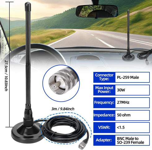 Arridioter 27MHz PL259 Connector,9.84ft RG58 CB Radio Antenna Magnetic Base Kit with BNC Coaxial Cable Compatible