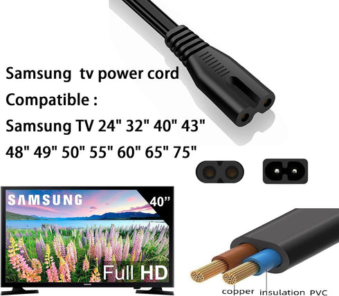 IJP 10FT 24" 32" 40" 43" 48" 49" 50" 55" 60" 65" 75", UN40 UN43 UN48 90 18AWG 2-Prong C7 Longer TV Power Cord