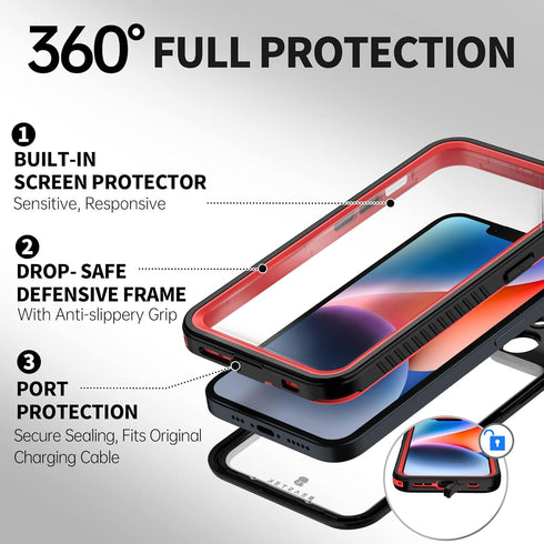 BEASTEK iPhone 14 Plus Waterproof Case, Red FSN Series, Underwater Shockproof Dustproof with Built-in Screen Protector