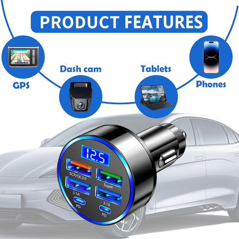 6 Port Fast USB Car Charger (PD+QC3.0) with LED Digital Display, Universal Car Charger Adapter for 12V/24V