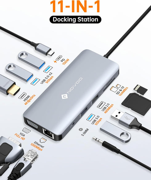 NOVOO USB C Hub, 11-in-1 Docking Station with 4K HDMI, VGA, Gigabit Ethernet, 100W PD, for Type-C Devices