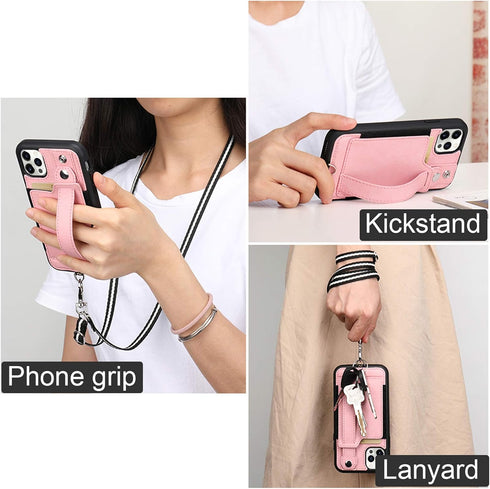 TOOVREN Wallet Case for iPhone 12 Pro Max - Lanyard Case with Leather PU Card Holder, Adjustable Detachable Neck Strap