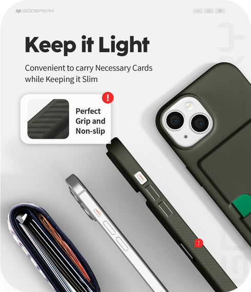 GOOSPERY Rail 2 Card Case Wallet for iPhone 15, Light Silicone + Soft Protection, Dark Green