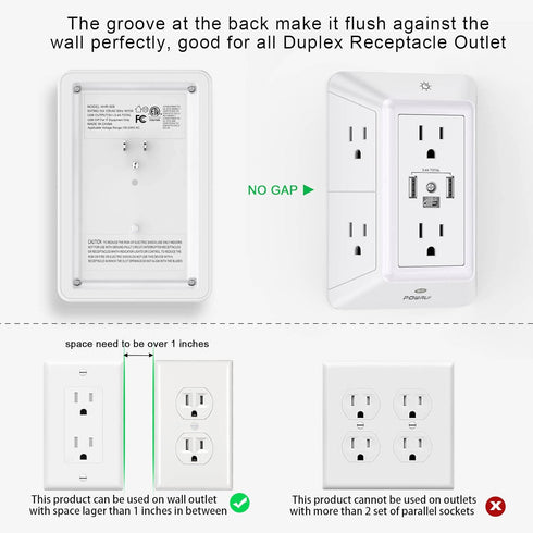 Multi Plug Outlet Surge Protector, POWRUI 6 Outlet Extender with 3 USB Ports and Night Light