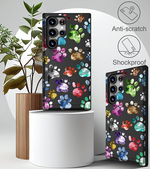 Cute Samsung Galaxy S24 Ultra Case with Card Holder, Slim Wallet Phone Case for Women, Colorful Doodle Paws Design
