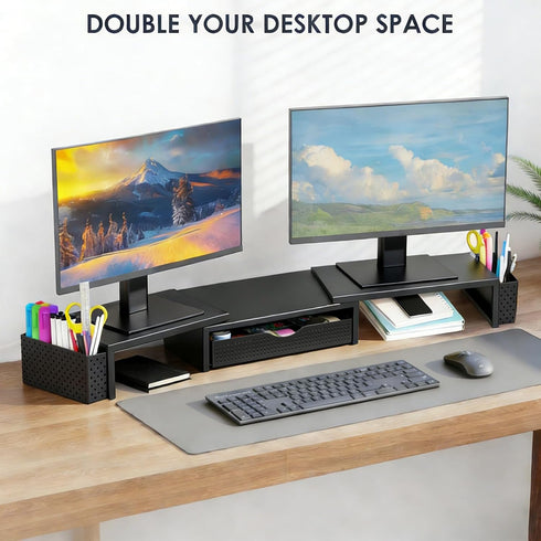 2 Spacrea Metal Desk Organizers and Accessories, Dual Monitor Stand Riser with Drawer and Pen Holders, Book Racks, Desk