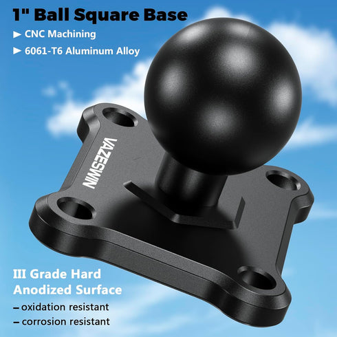 1" Ball Mount with Aluminum Alloy Square Plate, Universal Electronic Device Mounting Base with AMPS Holes for Garmin, Lowrance, Humminbird, for RAM Mounts, Scotty B Size Double Socket Arms