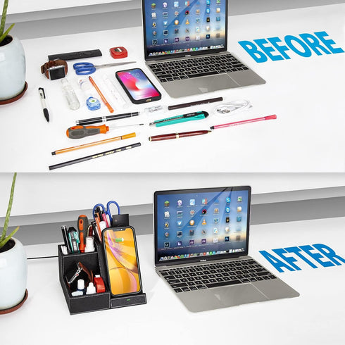 TopMade Fast Wireless Charger with Desk Organizer, Multifunctional Desktop Storage with 3 Compartments and Phone Stand