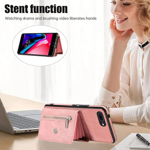 Phone Case for iPhone 7plus 8plus, Wallet Cover with Wrist Crossbody Strap, Leather Cell Accessories, Rose Gold