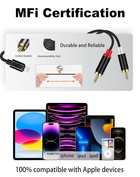 Lightning to RCA Audio Cable, 2-Male Y Splitter Aux Cord for iPhone 14 13 12 11 Pro, 10FT for Amplifier