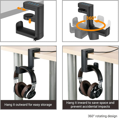 KIWIFOTOS Headphone Stand with 4 USB Ports Hub, PC Gaming Headset Holder, 360 Degree Rotation Clamp Under Desk