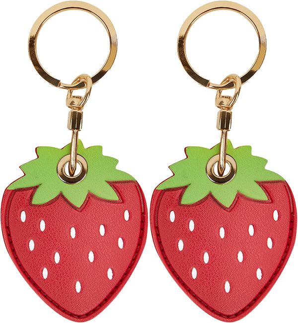 Leather Keychain Case Holder - Compatible with Apple AirTag, Anti-Scratch Protective Cover (Two Strawberry)