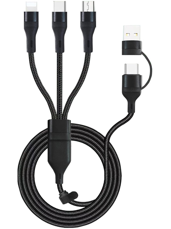 100W Multi 3 in 2 Fast Charging Cable 10FT, Black Long Nylon Braided, USB A/C to USB-C Lightning Micro Connectors for