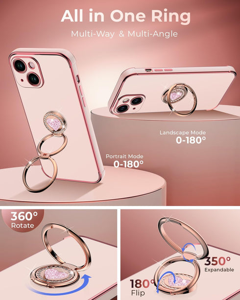 Bling Luxury Heart Case for iPhone 13 Mini - Pink, with Double Ring Kickstand, Protective Case for Women & Girls.