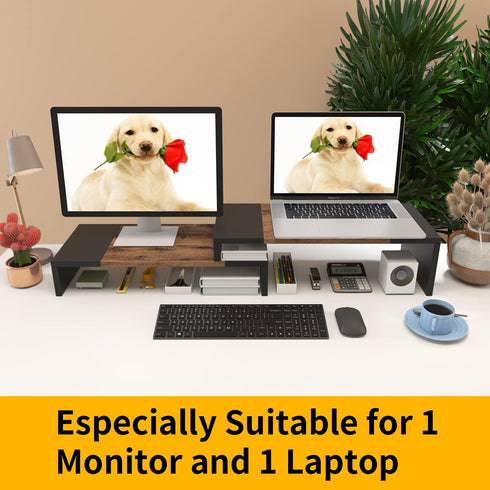 WESTREE Dual Monitor Stand, Adjustable Length and Angle Riser with 2 Shelves, Desktop Organizer for Monitors and Laptops