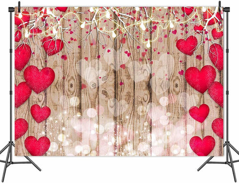 Red Love Heart Valentine's Day Vintage Rustic Wood Theme Photography Backdrops 7x5ft for Parties