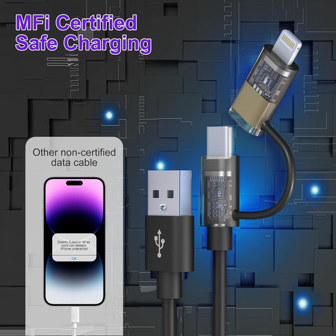USB C and Lightning Cable 2 in 1 Dual Cable, 3A Fast Charging & Data Sync for iPhone and Android, 3FT