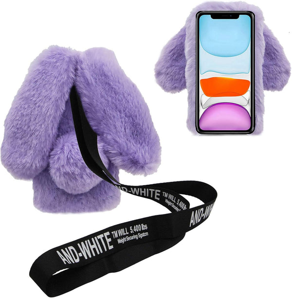 3D Bunny Ears Plush Case for iPhone SE 2022 & 2020/7/8, Handmade Bling Diamond Winter Warm Soft Rabbit Furry Cover,