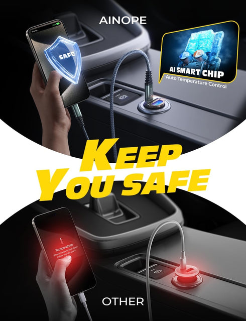 AINOPE 90W USB C Car Charger, Super Fast Charging, Fast Car Charger with 3.3ft Nylon Type C Cable, Mini Cigarette