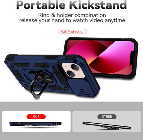 Hitaoyou iPhone 13 Case, Military Grade Shockproof with Camera Cover & Kickstand, Blue Protective Case