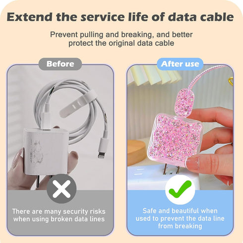 Luxury Cable Protector for iPhone Charger, Clear Wave Edge Glitter Design, USB Case Wire Saver for iPhone XR 8 11 12 13