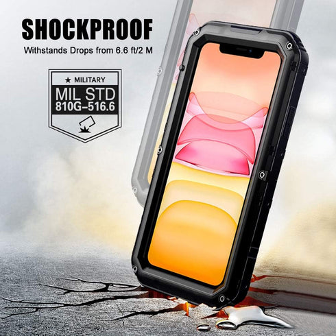 Mitywah Waterproof Case for iPhone 11, Heavy Duty Metal Full Body Protective Case, Shockproof Rugged Defender, Black