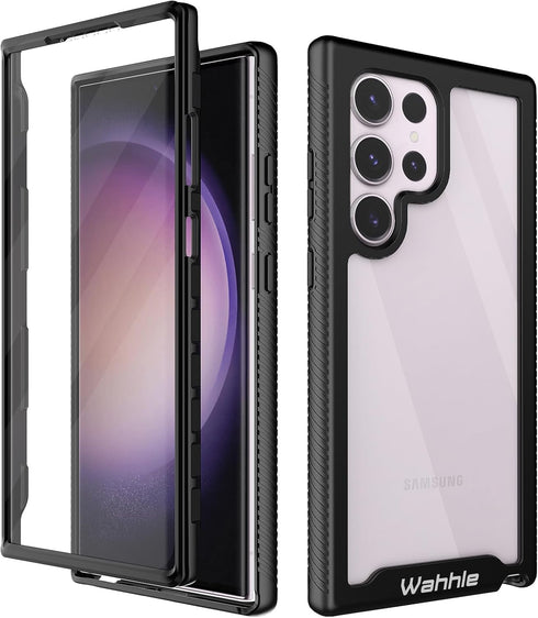 wahhle Samsung Galaxy S23 Ultra Case, Built-in Screen Protector, Full Body Shockproof Slim Fit Bumper Cover, Black/Clear