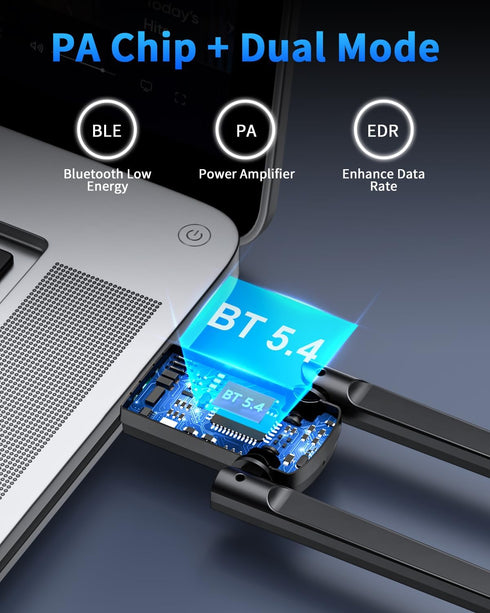 ZEXMTE Long Range USB Bluetooth Adapter for PC 5.4 USB Bluetooth Dongle with High Gain Antenna, Wireless Bluetooth Receiver 590FT / 180M, Plug &Play Bluetooth Adapter for PC Windows 11/10/8