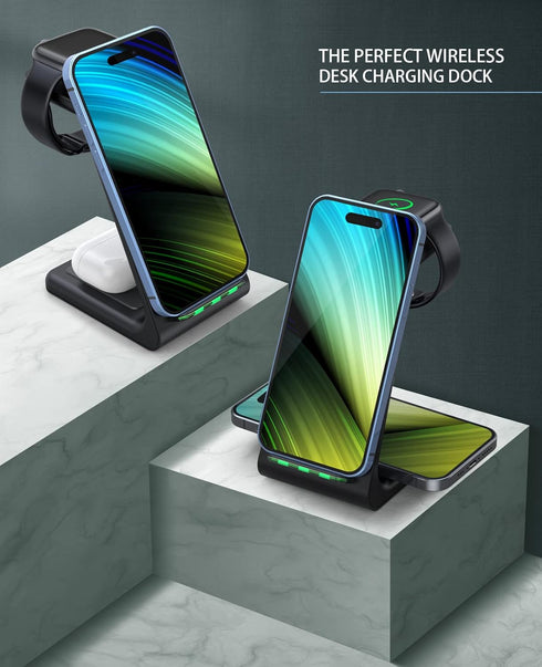 Wireless Charging Station, 3 in 1 Fast Desk Charger for iPhone 15/14/13/12/11 Pro Max, AirPods, iWatch Series