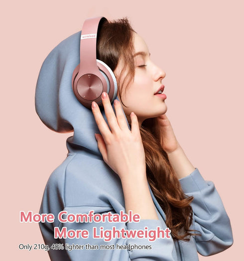 9S Over Ear Bluetooth Headphones, 60 Hours Playtime, Hi-Fi Stereo, Deep Bass, Foldable, Microphone, Rose Gold