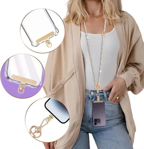 FUAHXYES Crystal Phone Strap Crossbody Rhinestone Anti Theft Layered Strap Crossbody Gold Metal Buckles Cell Phone Neck