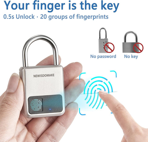 Fingerprint Padlock, Smart Biometric Lock with USB Charging, Suitable for Luggage, Suitcase, Backpack, Gold