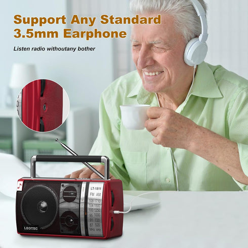 LEOTEC AM FM Radio, Portable Bluetooth Radio, Battery Operated, Best Reception with Headphone Jack, Handheld (Red)
