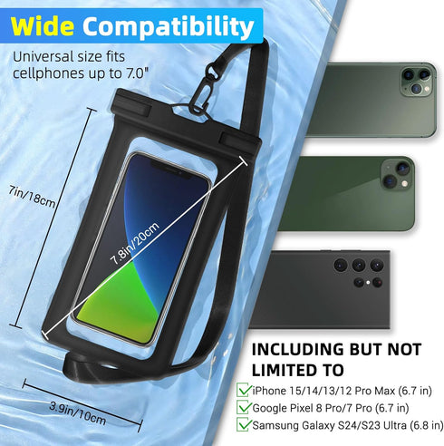 Waterproof Phone Pouch, IPX8 Waterproof Cell Phone Case for iPhone 15 14 13 Pro Max Plus Galaxy S22 S23 up to 7" Essential Dry Bag for Beach Cruise Ship, 2 Pack(Black+Light Green)