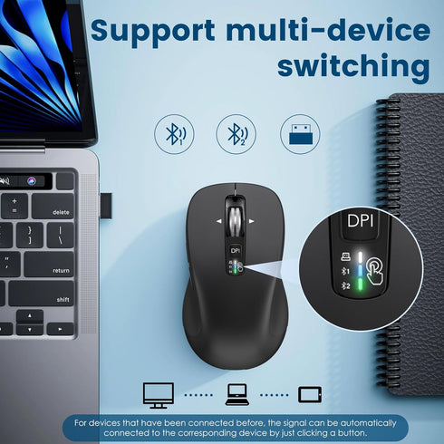 Wireless Bluetooth Mouse (USB + BT1 + BT2), Full Size, Multi-Device Silent Mouse for Computer, Laptop, iPad (Black)