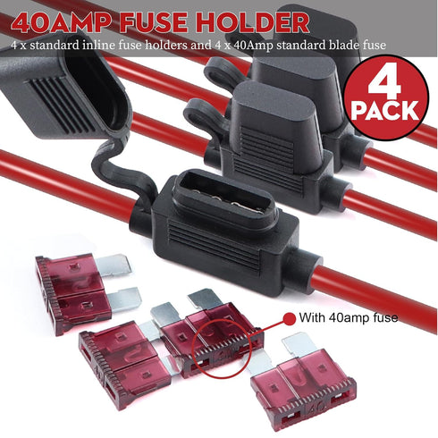 100FT 10 Gauge Wire (50ft Each- Black/Red) with 4 40A Fuse Holder, Copper Clad Aluminum for Automotive Power & Ground