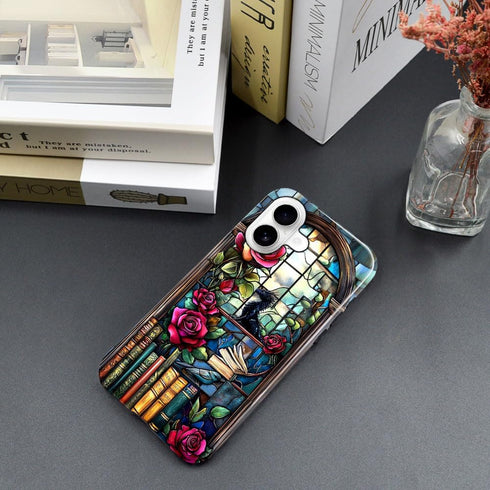 DAIZAG 17,Glossy Case Compatible with iPhone Durable Shock Protection Cover for Girl Women,Dinosaur Rose Bookshelf