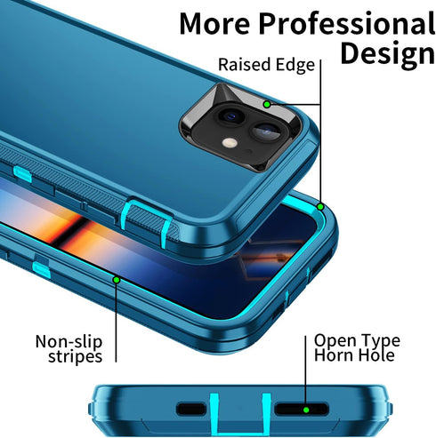 for iPhone 11 Case, Heavy Duty Shockproof Dropproof Dustproof 3-Layer Protection Hard Cover 6.1 inch, Turquoise